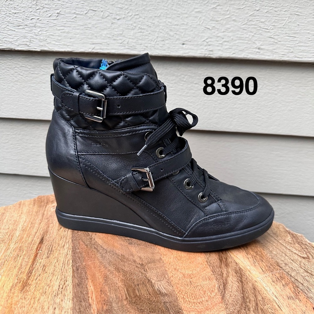 Geox D Eleni Black Leather Water Resistant Wedge Womens Ankle Boot 41 EU 10.5 US
